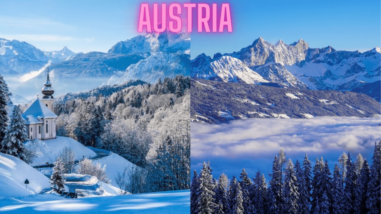 Snow-covered alpine church and mountains in Austria