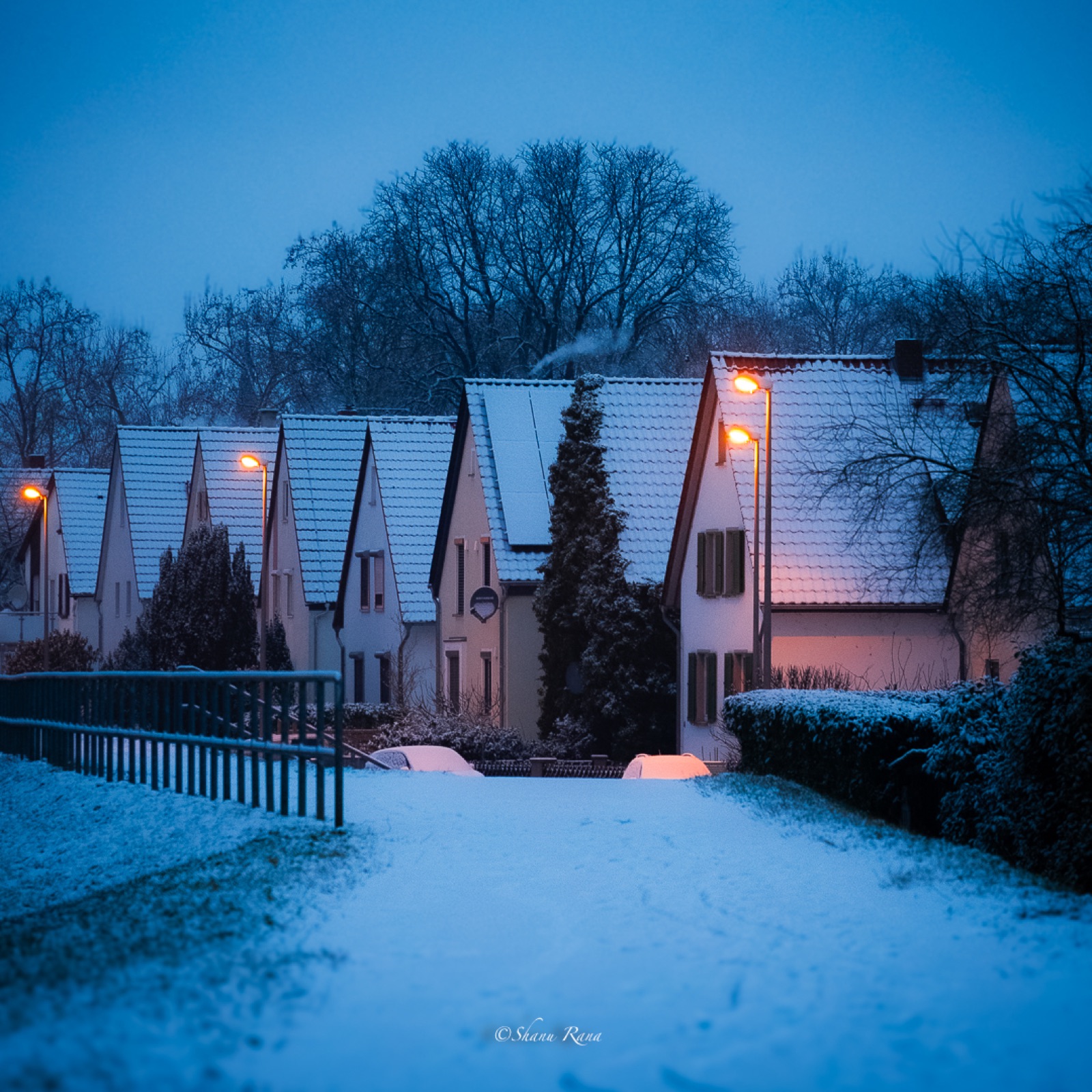 Snow-covered houses at blue hour with warm streetlamps